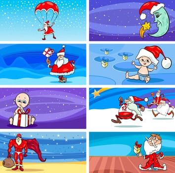 Cartoon Illustration of Greeting Cards with Santa Claus or Papa Noel or Father Christmas and other Holiday Themes Set