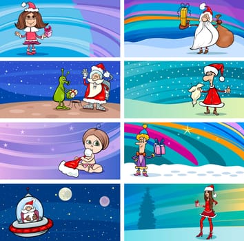 Cartoon Illustration of Greeting Cards with Santa Claus or Papa Noel or Father Christmas and other Holiday Themes Set