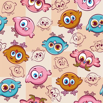 Seamless pattern with funny birds. Cartoon vector wallpeper.