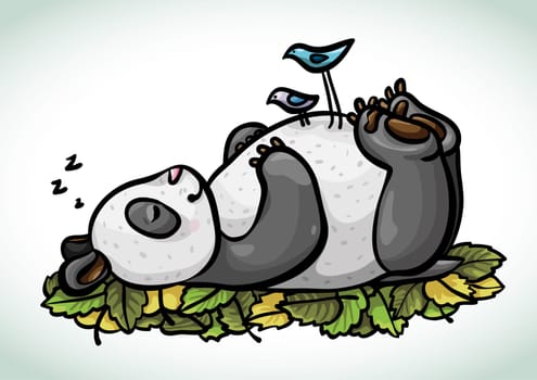 Cartoon funny sleeping panda and two blue dirds