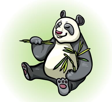Cartoon funny panda with bamboo leaves sitting on a green background