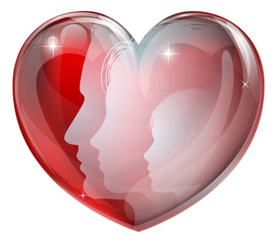 Family faces heart silhouettes, man woman and child in a heart shape. Concept for a happy loving family