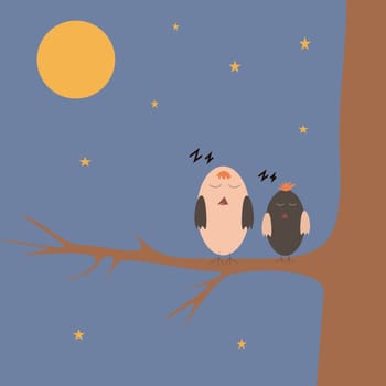 cartoon sparrows sleeping on the tree at night