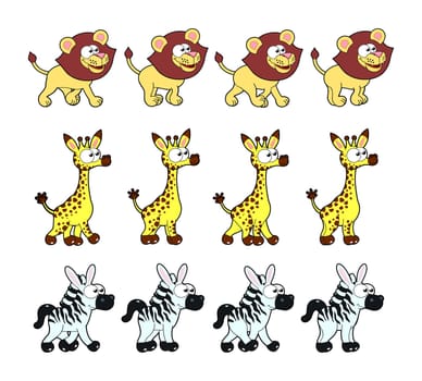 Animal Walking animations. Vector cartoon and isolated characters. You can use four frames in loop, each animal..
