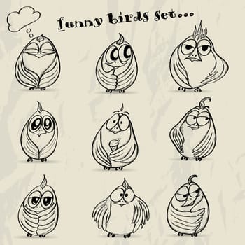 Set of 9 funny cartoon birds. Vector illustration EPS8