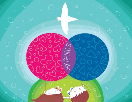 boy and girl look at balloons and hold hands, and in the sky the dove flies. vector illustration.