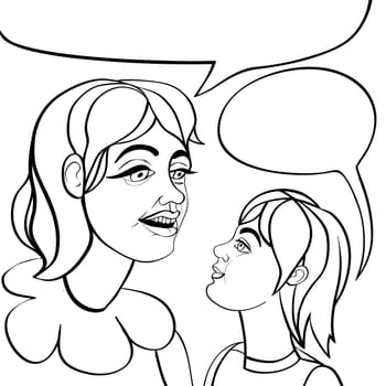 Woman and schoolboy or schoolgirl, cartoon illustration over white