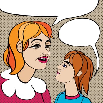 Woman and schoolboy or schoolgirl, cartoon illustration over a pop art background with dots