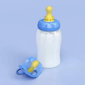 Baby milk bottle and pacifier on blue background