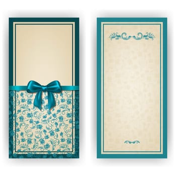 Elegant template luxury invitation, card with lace ornament, bow, place for text. Floral elements, ornate background. Vector illustration EPS 10.