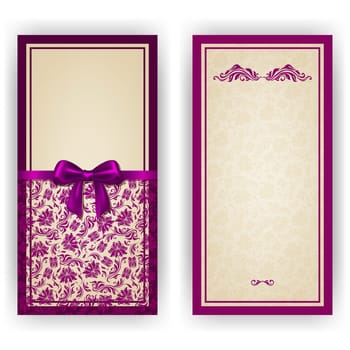 Elegant template luxury invitation, card with lace ornament, bow, place for text. Floral elements, ornate background. Vector illustration EPS 10.