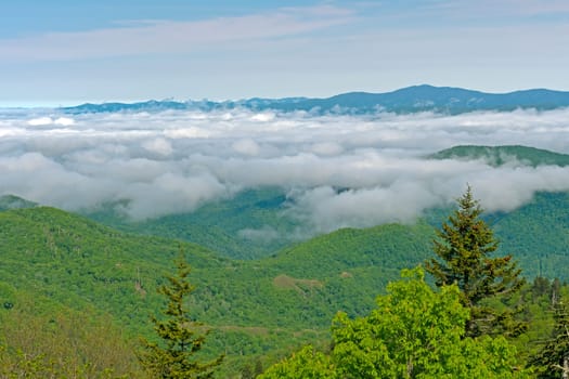Morning Clouds Hanging Over the Mountains on The Blue Ridge Parkway in North Carolina