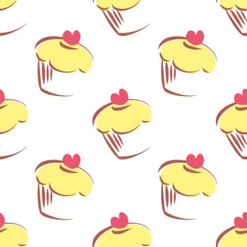 Seamless vector pattern or texture with lemon cupcakes, muffins, sweet cake and red heart on top isolated on white. Background with sweets for valentines, wallpaper, desktop or culinary blog website