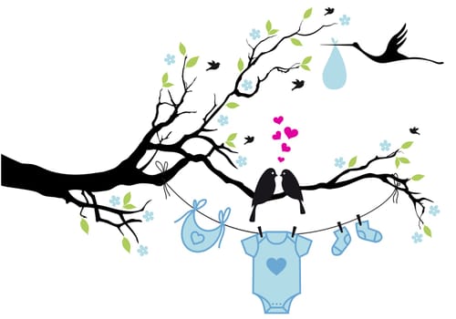 cute baby shower design with birds on tree, vector background