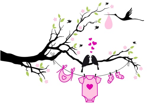 cute baby shower design with birds on tree, vector background