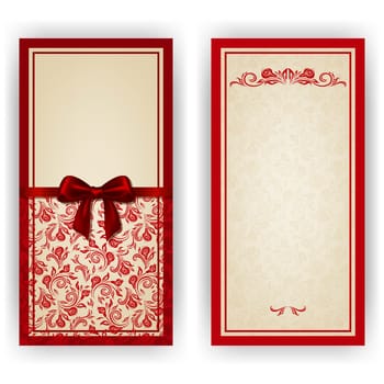 Elegant template luxury invitation, card with lace ornament, bow, place for text. Floral elements, ornate background. Vector illustration EPS 10.