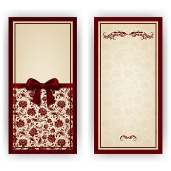 Elegant template luxury invitation, card with lace ornament, bow, place for text. Floral elements, ornate background. Vector illustration EPS 10.