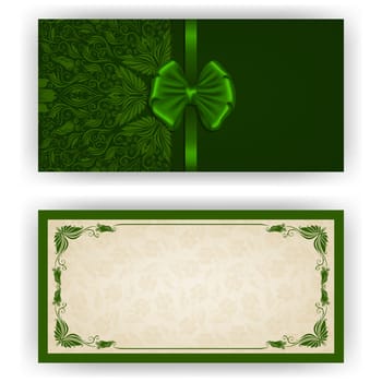 Elegant template luxury invitation, card with lace ornament, bow, place for text. Floral elements, ornate background. Vector illustration EPS 10.