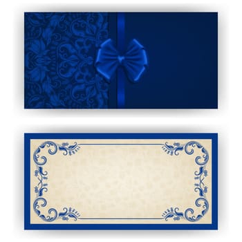 Elegant template luxury invitation, card with lace ornament, bow, place for text. Floral elements, ornate background. Vector illustration EPS 10.