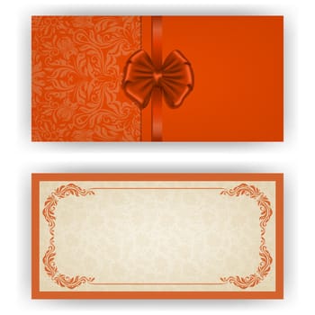 Elegant template luxury invitation, card with lace ornament, bow, place for text. Floral elements, ornate background. Vector illustration EPS 10.