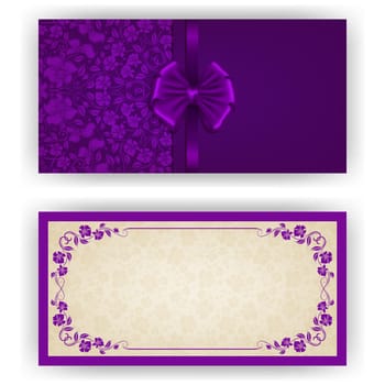 Elegant template luxury invitation, card with lace ornament, bow, place for text. Floral elements, ornate background. Vector illustration EPS 10.