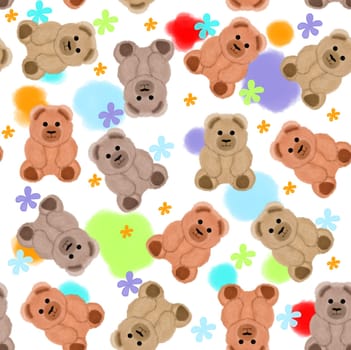 Seamless pattern and background with teddy bears and flowers.
