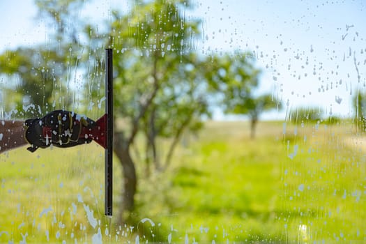 Professionell window cleaning Service with squeegee on a sunny Day