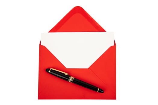 Red envelope with fountain pen isolated over white background
