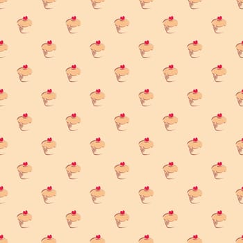 Seamless vector pattern or texture with cupcakes, muffins, sweet cake and red heart on top. Background with sweets for card, invitation, valentines, wallpaper, desktop or culinary blog website