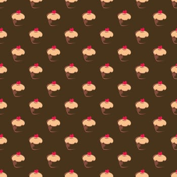Seamless vector pattern, texture or background with sweet muffin cupcakes on chocolate dark brown background. Red lovely heart on top. For web design, culinary blog or desktop wallpaper