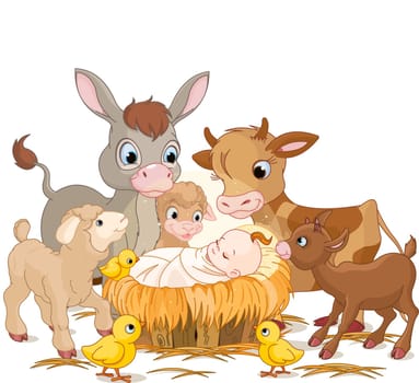 .Holy child with donkey, lambs, goat and calf