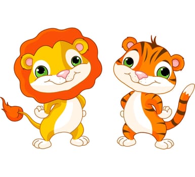 Cute animal characters lion and tiger