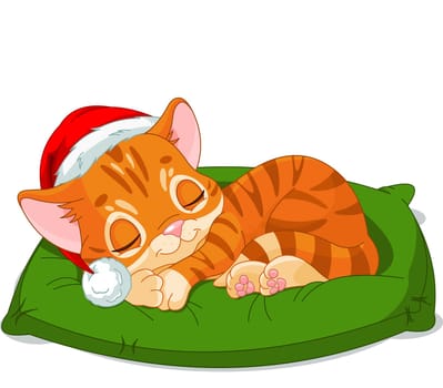 Cute little kitten with Santa’s Hat sleeping