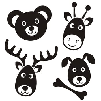Cute black cartoon reindeer bear giraffe dog faces