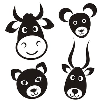 Cute black cartoon cow cat mouse antelope faces