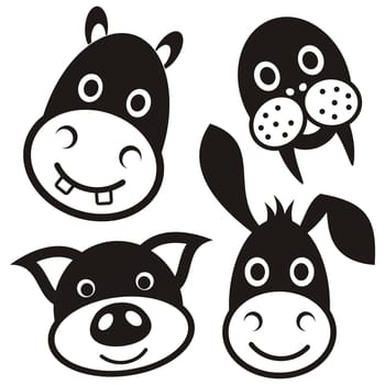 Cute black cartoon pig donkey hippo walrus faces