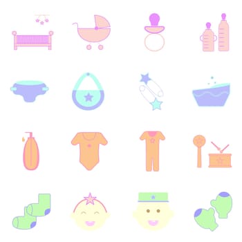Baby pastel color icons set on white background, stock vector