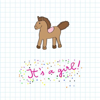 Baby girl arrival card with toy horse cartoon over a math paper background with pink text and colored dots