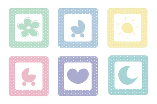 Sweet, pastel vector icons with polka dots  isolated on white background. Sun, moon, heart, flower and pram.