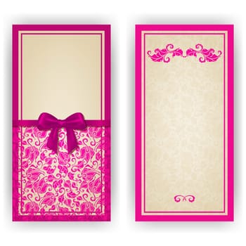 Elegant template luxury invitation, card with lace ornament, bow, place for text. Floral elements, ornate background. Vector illustration EPS 10.