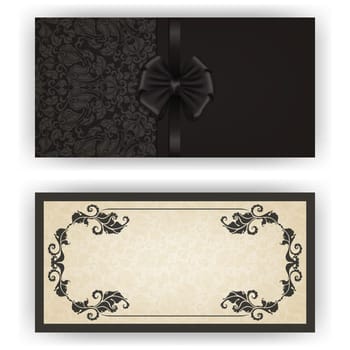 Elegant template luxury invitation, card with lace ornament, bow, place for text. Floral elements, ornate background. Vector illustration EPS 10.