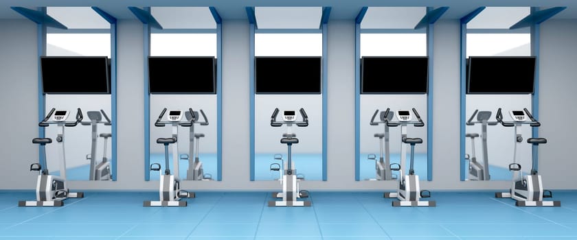 Exercise bikes in a row at fitness center