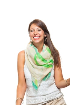 Young pretty woman with open posture joyfully laughing isolated against white background