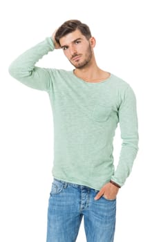 Good looking young man attractive in casual clothes with beard portrait isolated on white background