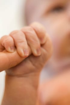 Newborn baby grabs father's mother's finger with all hand as a close-up