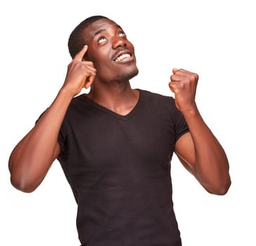 Young  black african man, thinking and looking up, isolated on white background