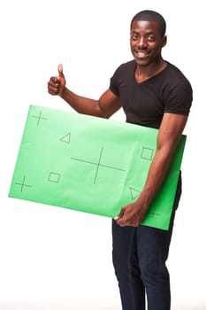 The smiling african man as black businessman with green panel, isolated on white background. Positive human emotions and advertising of something