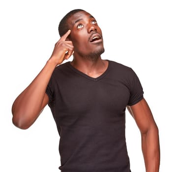 Young  black african man, thinking and looking up, isolated on white background