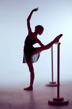 young ballerina stretching on the bar on blue background. The outline shooting - silhouette of girl