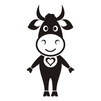 Cute black cow icon with heart on white